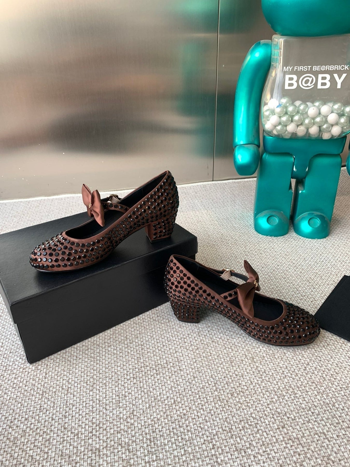 CC MARY JANES SHOES IN UMBER BROWN SATIN WITH RHINESTONES