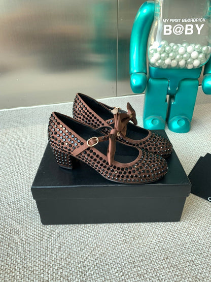 CC MARY JANES SHOES IN UMBER BROWN SATIN WITH RHINESTONES