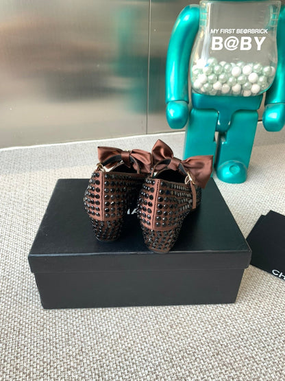 CC MARY JANES SHOES IN UMBER BROWN SATIN WITH RHINESTONES