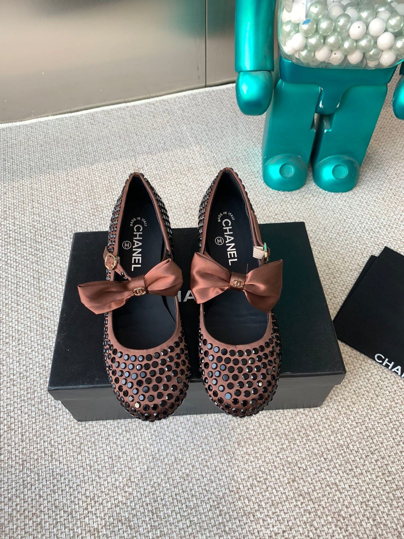 CC MARY JANES SHOES IN UMBER BROWN SATIN WITH RHINESTONES