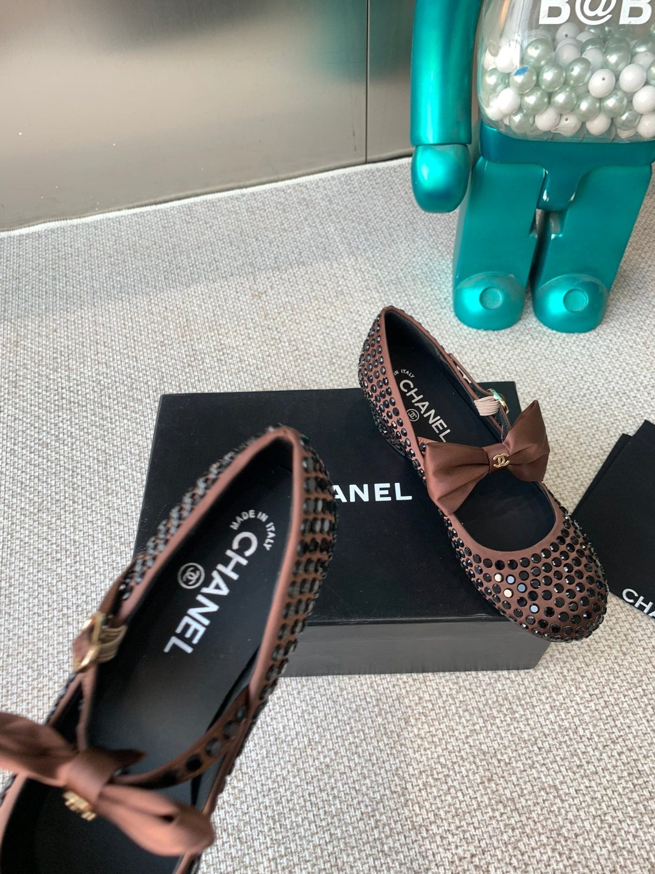 CC MARY JANES SHOES IN UMBER BROWN SATIN WITH RHINESTONES