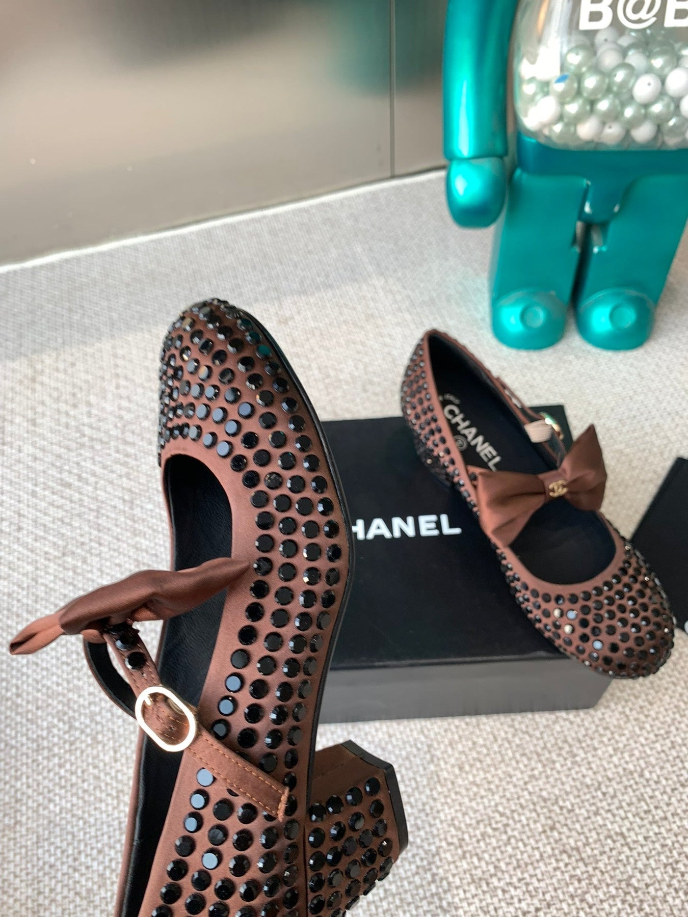 CC MARY JANES SHOES IN UMBER BROWN SATIN WITH RHINESTONES