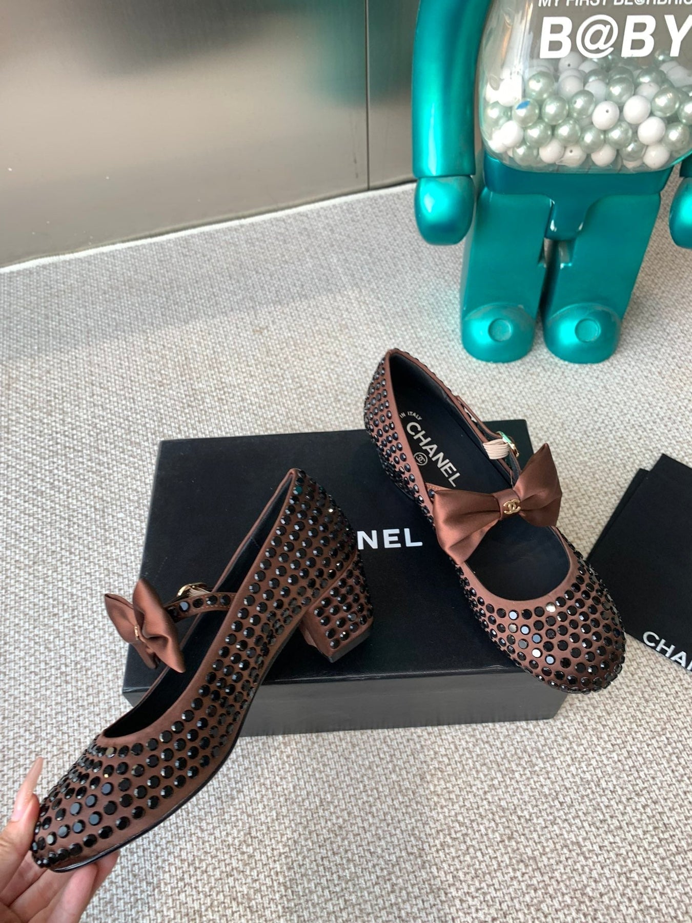 CC MARY JANES SHOES IN UMBER BROWN SATIN WITH RHINESTONES