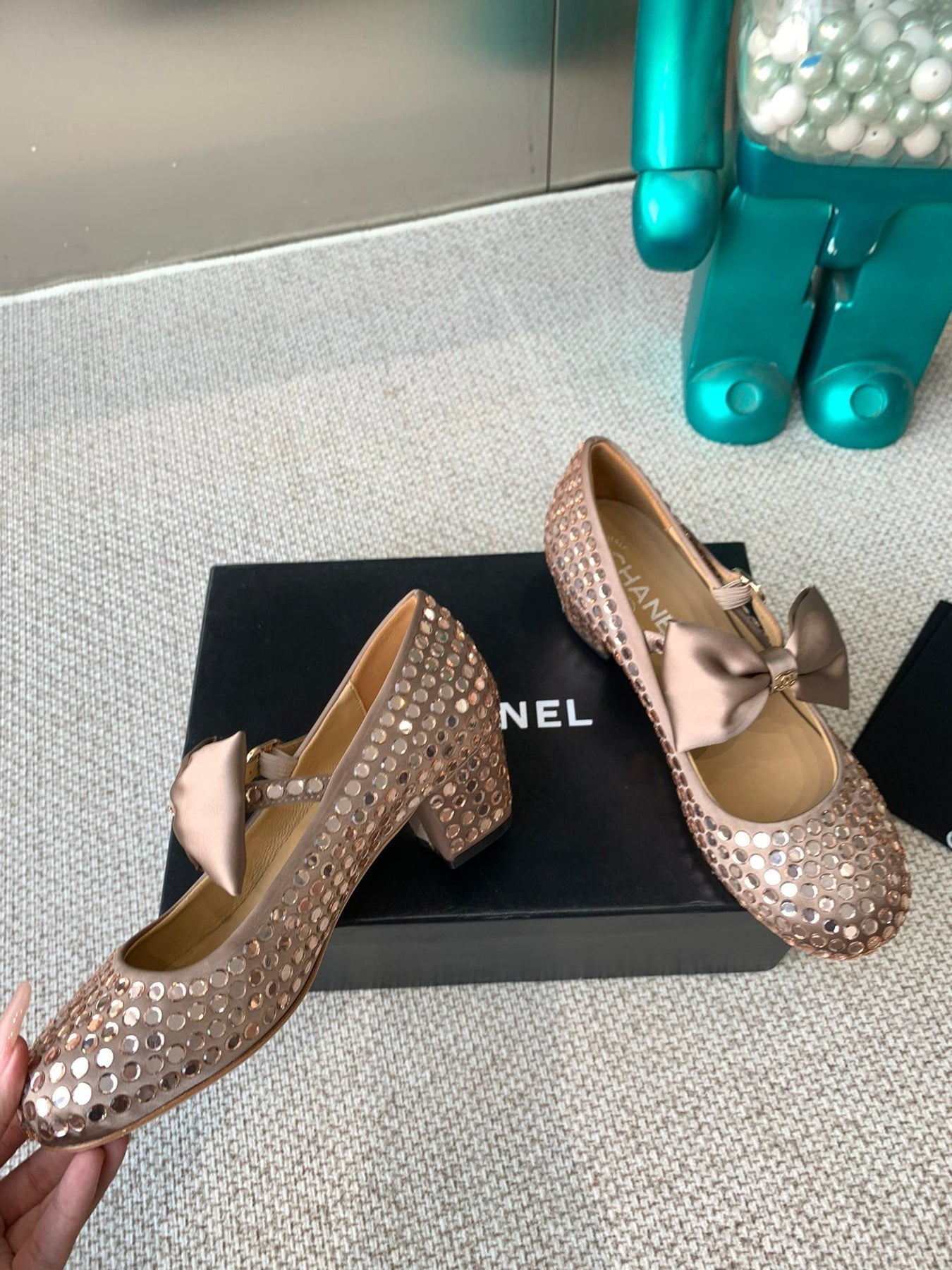CC MARY JANES SHOES IN COPPER SATIN WITH RHINESTONES