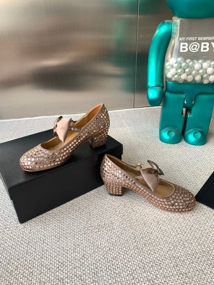 CC MARY JANES SHOES IN COPPER SATIN WITH RHINESTONES
