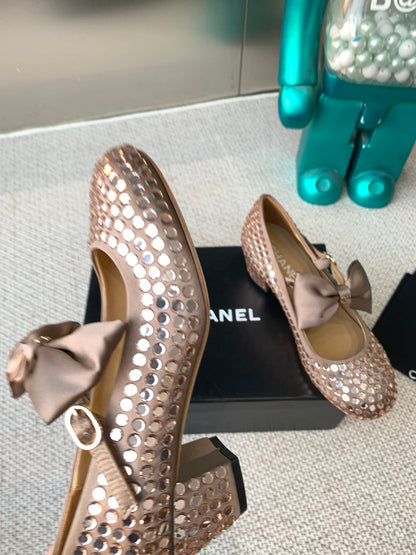 CC MARY JANES SHOES IN COPPER SATIN WITH RHINESTONES