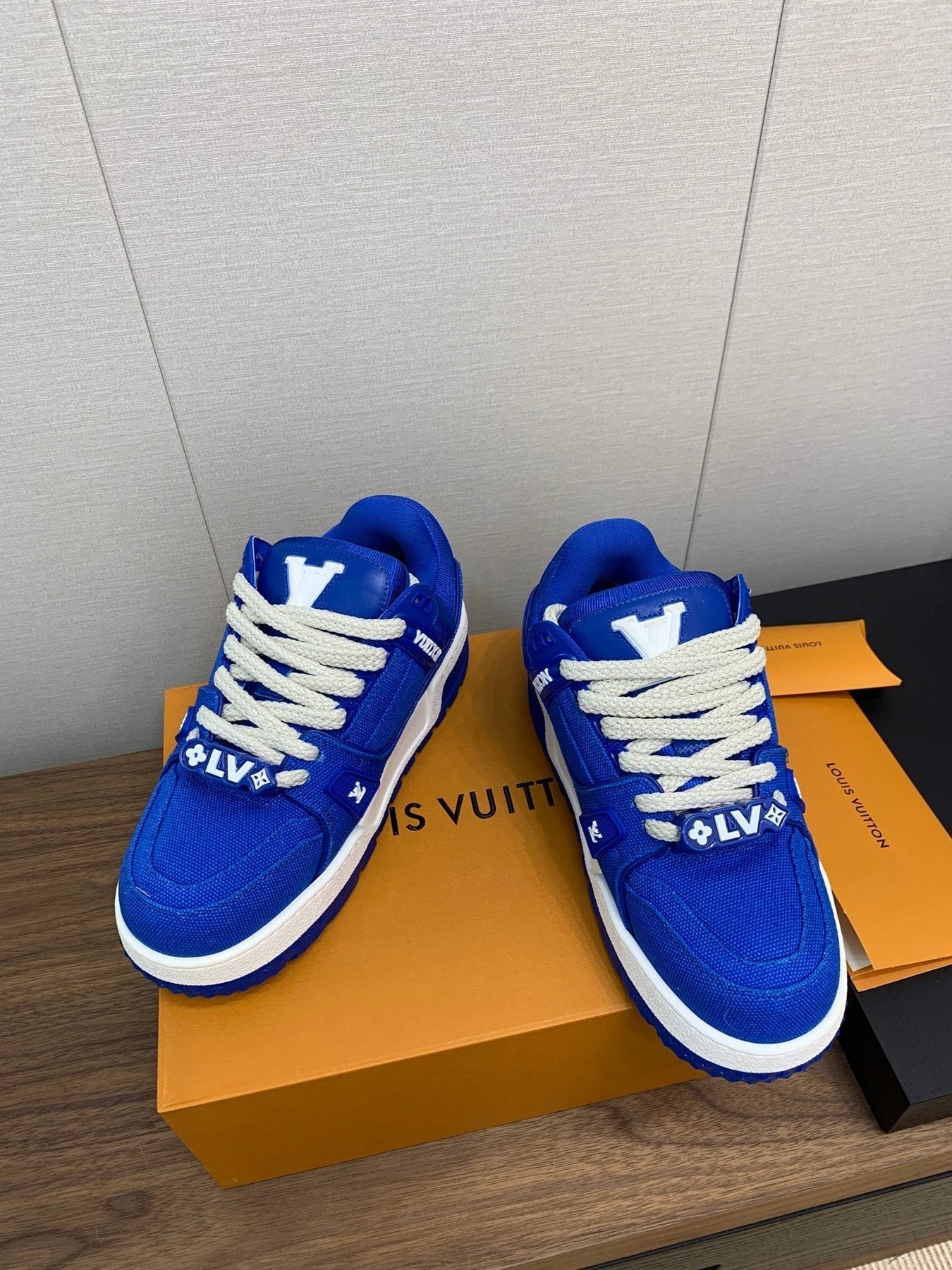 LV WOMEN'S TRAINER IN COBALT BLUE JACQUARD AND CALFSKIN