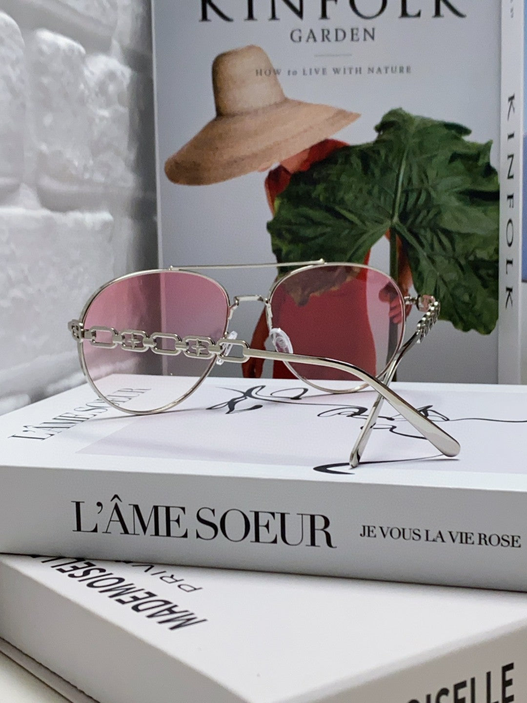 CHAIN PILOT SUNGLASS 581380 IN SILVER METAL PINK SMOKE LENSES