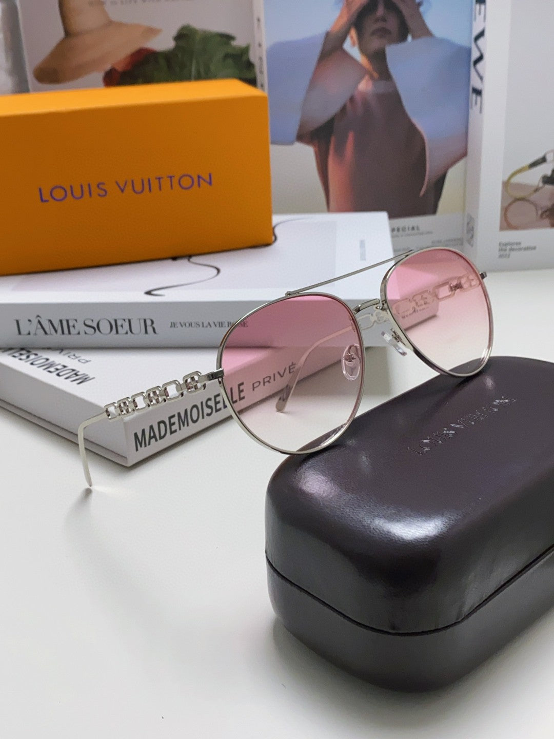 CHAIN PILOT SUNGLASS 581380 IN SILVER METAL PINK SMOKE LENSES