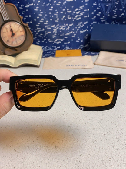 RECTANGLE SUNGLASSES 575848 IN BLACK ACETATE ORANGE METAL YELLOW LENS