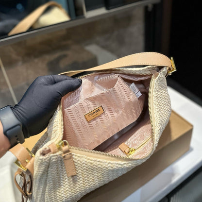 CROCHET SHOULDER BAG 38 IN BEIGE WOVEN RAFFIA