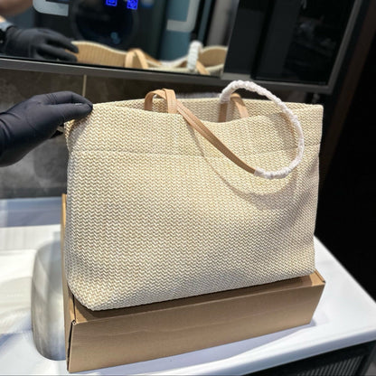 CROCHET TOTE BAG 38 IN BEIGE WOVEN RAFFIA BROWN CALFSKIN STRAP