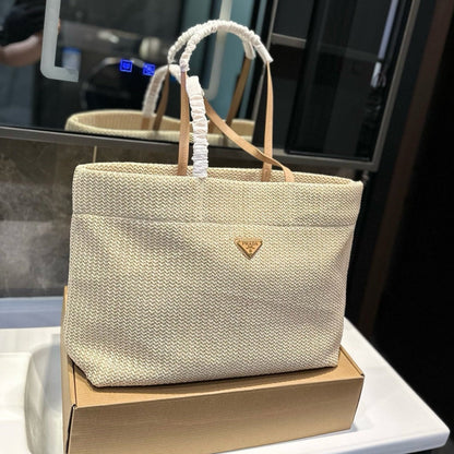 CROCHET TOTE BAG 38 IN BEIGE WOVEN RAFFIA BROWN CALFSKIN STRAP