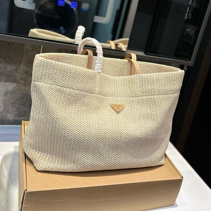 CROCHET TOTE BAG 38 IN BEIGE WOVEN RAFFIA BROWN CALFSKIN STRAP