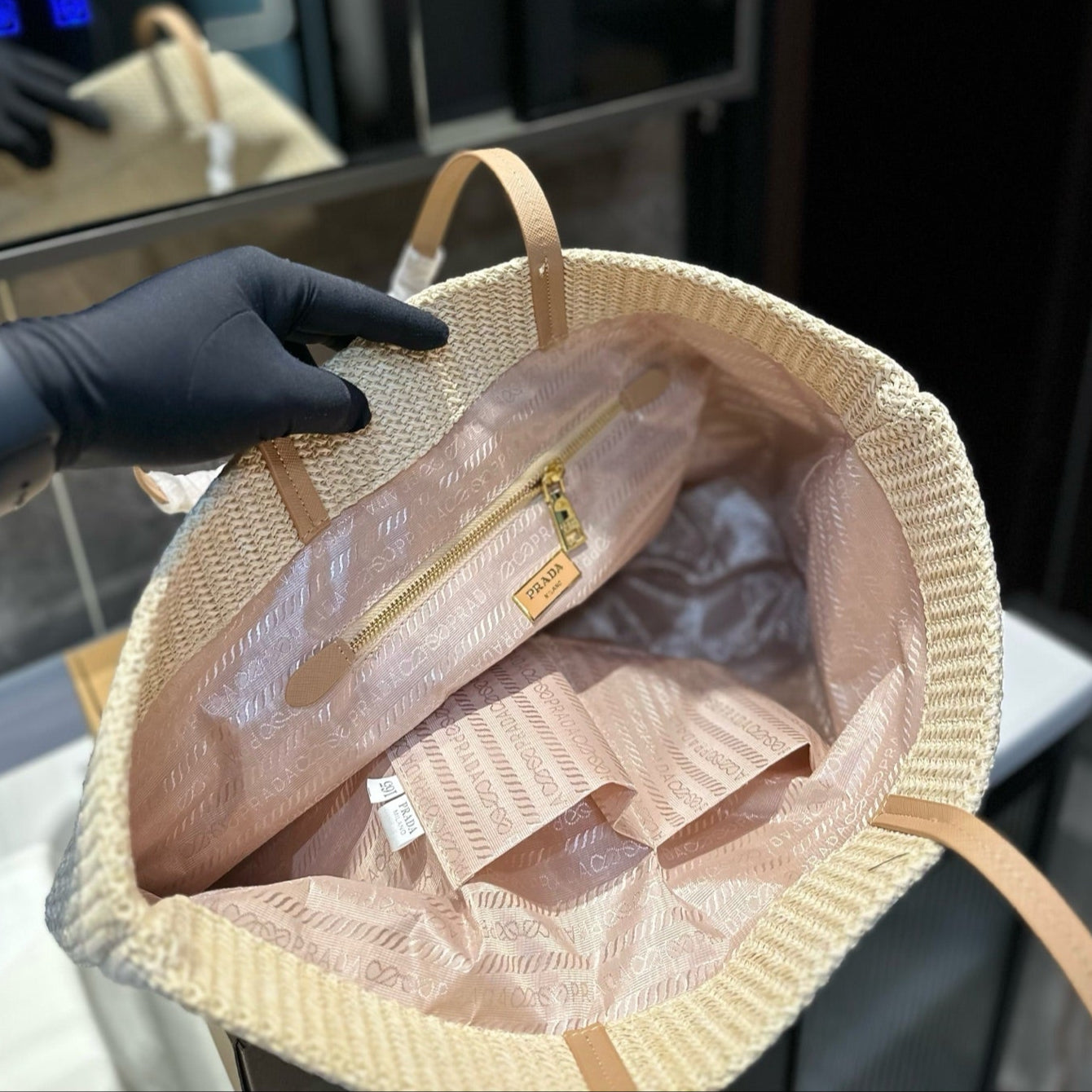 CROCHET TOTE BAG 38 IN BEIGE WOVEN RAFFIA BROWN CALFSKIN STRAP