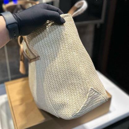 CROCHET TOTE BAG 38 IN BEIGE WOVEN RAFFIA CALFSKIN STRAP