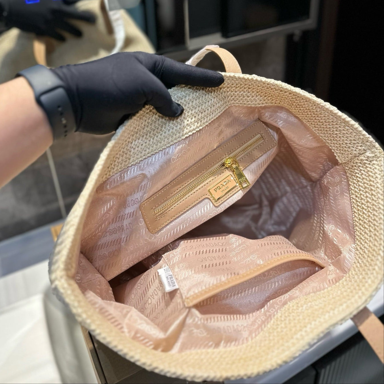 CROCHET TOTE BAG 38 IN BEIGE WOVEN RAFFIA CALFSKIN STRAP