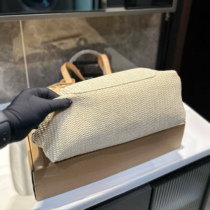 CROCHET TOTE BAG 38 IN BEIGE WOVEN RAFFIA CALFSKIN STRAP