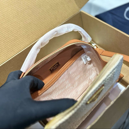 CROCHET SHOULDER BAG 18 IN BEIGE WOVEN RAFFIA CALFSKIN STRAP