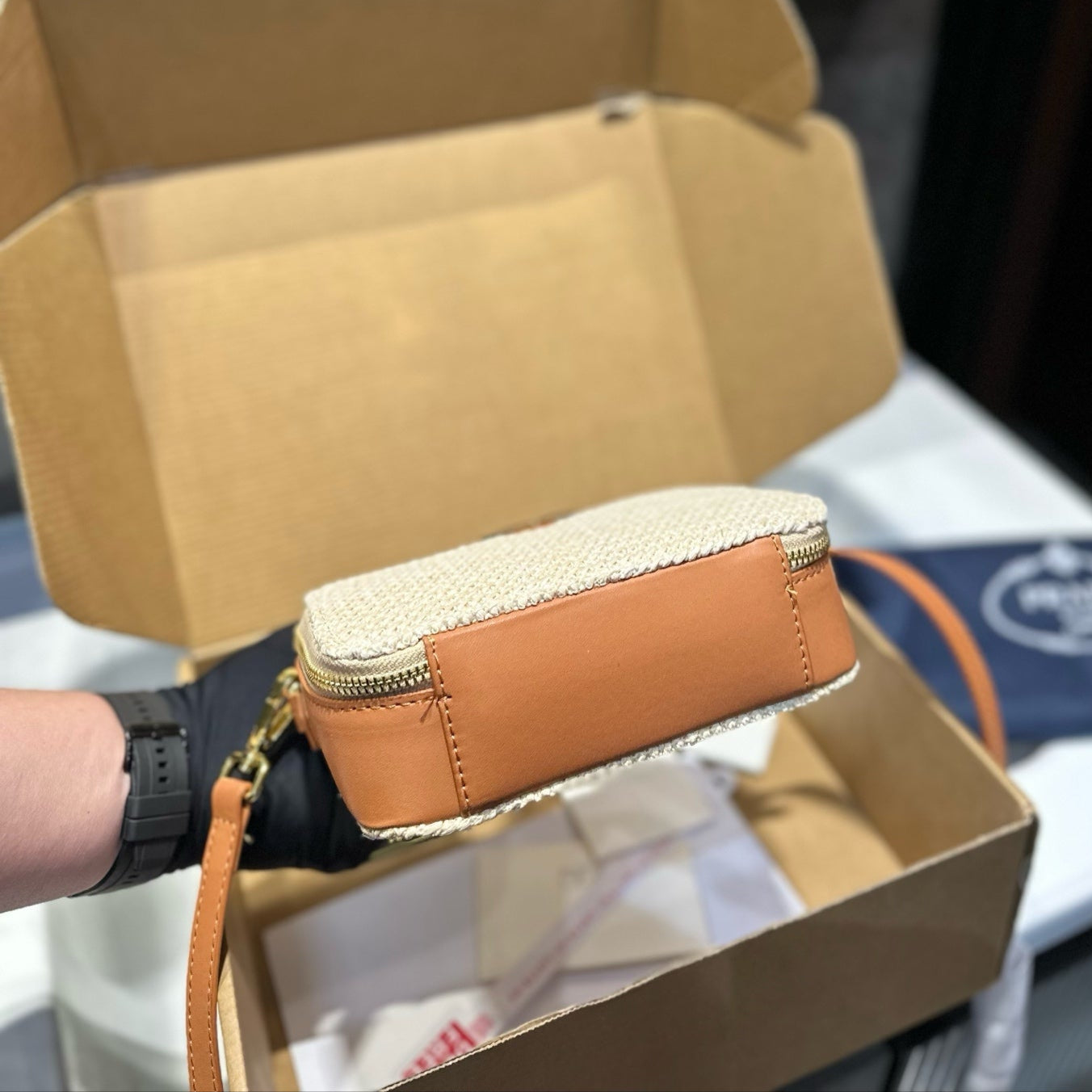 CROCHET SHOULDER BAG 18 IN BEIGE WOVEN RAFFIA CALFSKIN STRAP