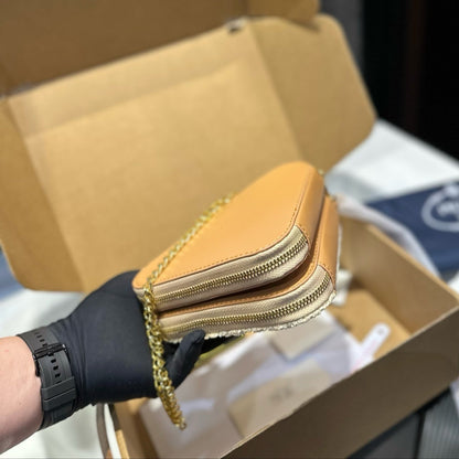 EMBROIDED LOGO TRIANGLE BAG 18 IN BEIGE WOVEN RAFFIA GOLD CHAIN