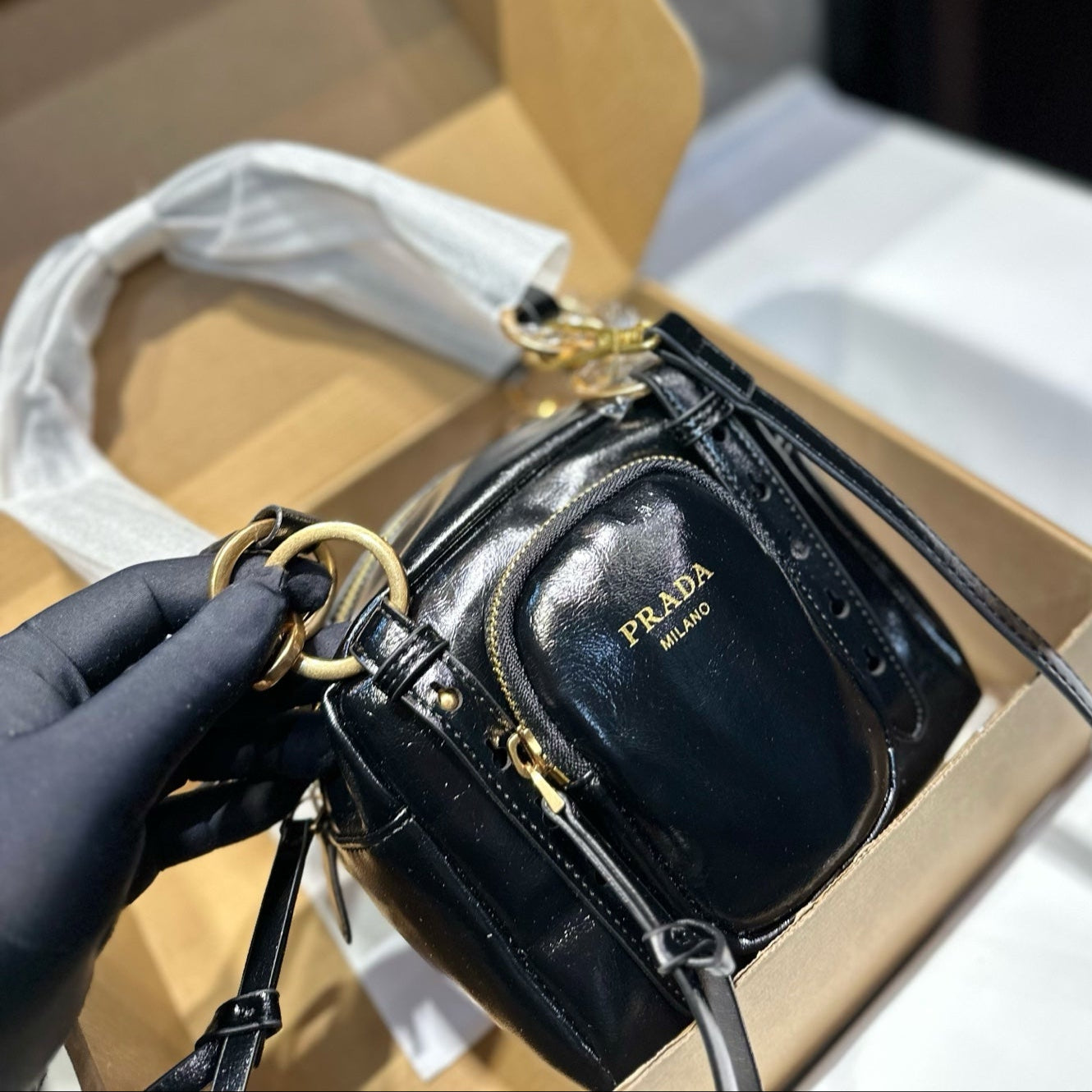 DANGLE TOP HANDLE MINI BAG 15 IN BLACK PATENT CALFSKIN