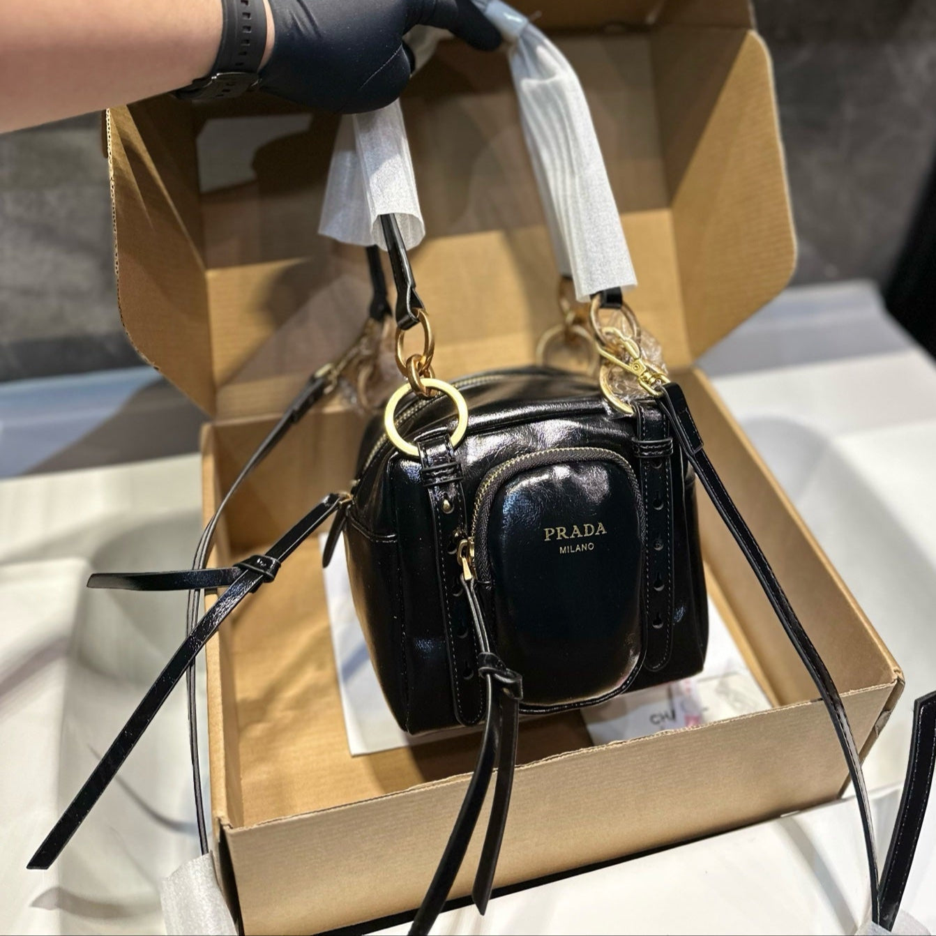 DANGLE TOP HANDLE MINI BAG 15 IN BLACK PATENT CALFSKIN