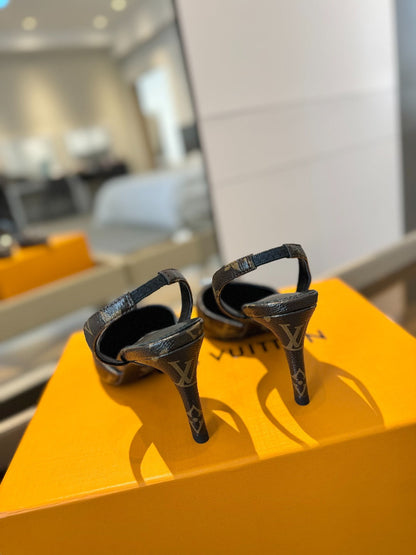 HIGH HEEL 75 MM SLINGBACK IN CHOCOLATE BROWN MONOGRAM CALFSKIN WITH CRYSTAL