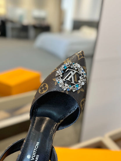 HIGH HEEL 75 MM SLINGBACK IN CHOCOLATE BROWN MONOGRAM CALFSKIN WITH CRYSTAL