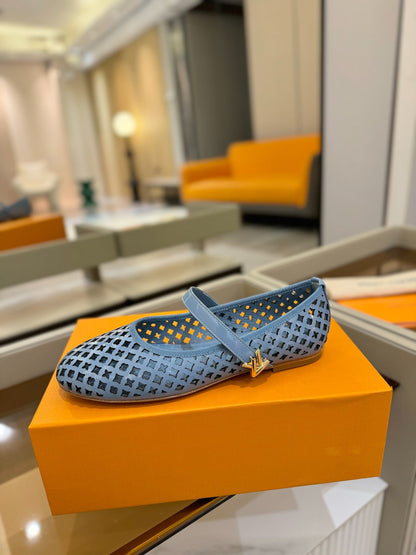 ROMY FLAT BALLERINA IN CERULEAN BLUE MESH PATENT CALFSKIN
