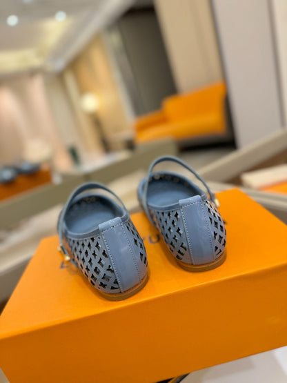 ROMY FLAT BALLERINA IN CERULEAN BLUE MESH PATENT CALFSKIN