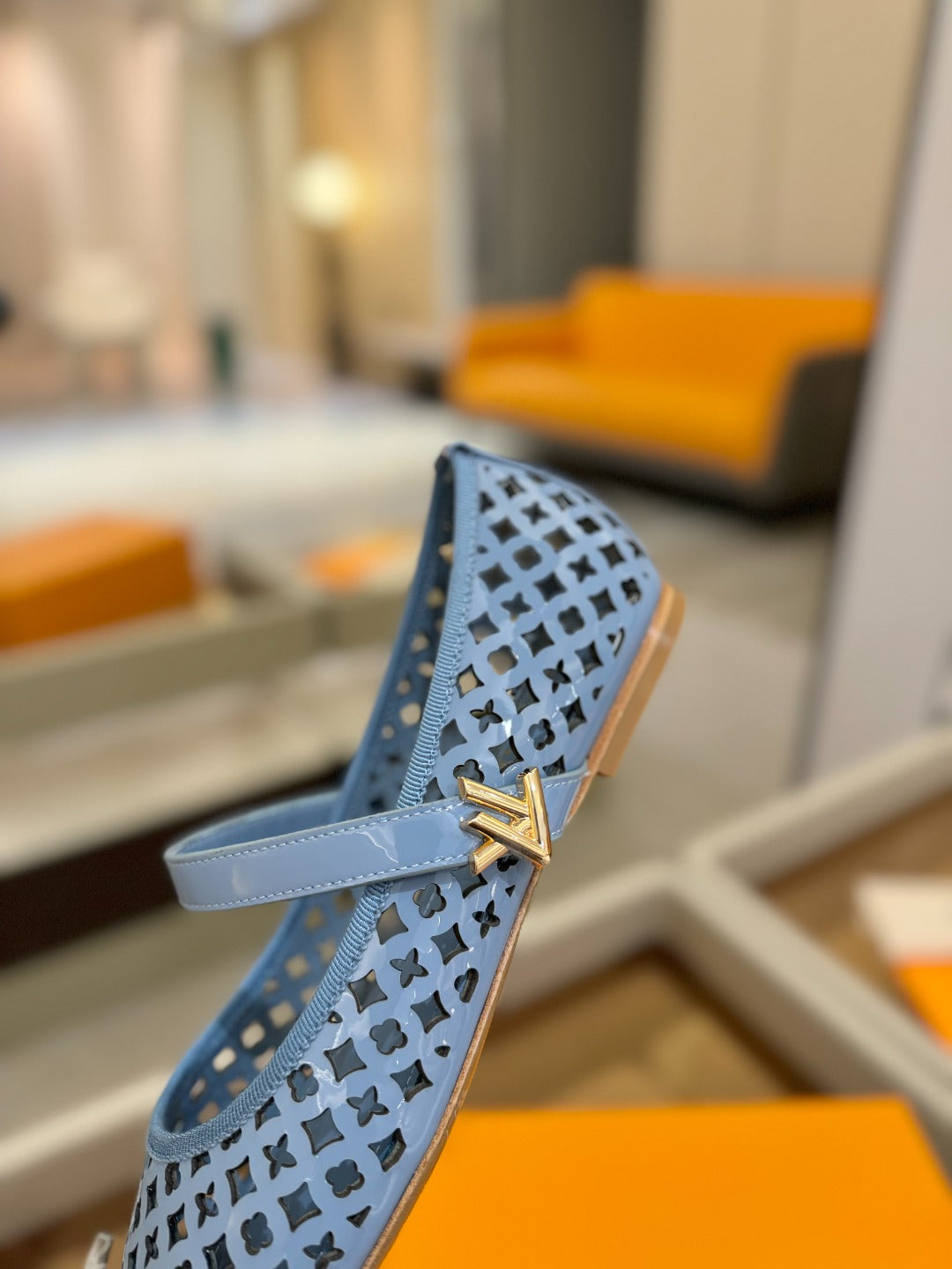 ROMY FLAT BALLERINA IN CERULEAN BLUE MESH PATENT CALFSKIN