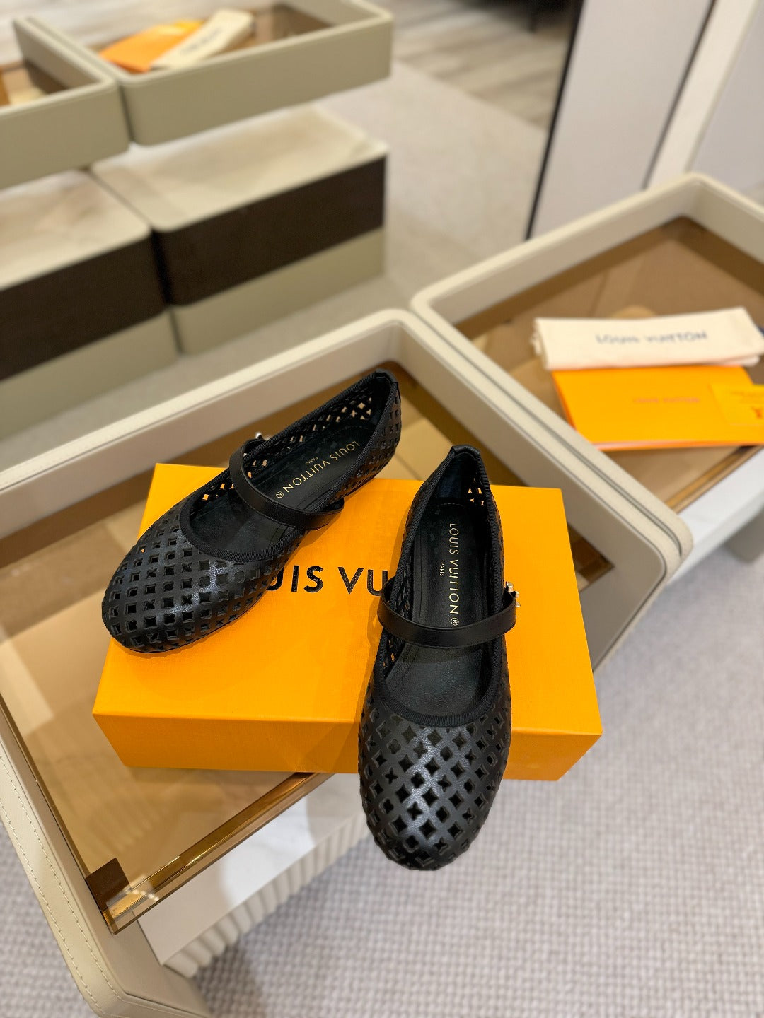 ROMY FLAT BALLERINA IN BLACK MESH CALFSKIN