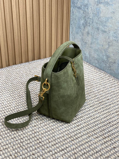 LE 37 SMALL BUCKET BAG 20 IN HUNTER GREEN SUEDE GOLD HARDWARE