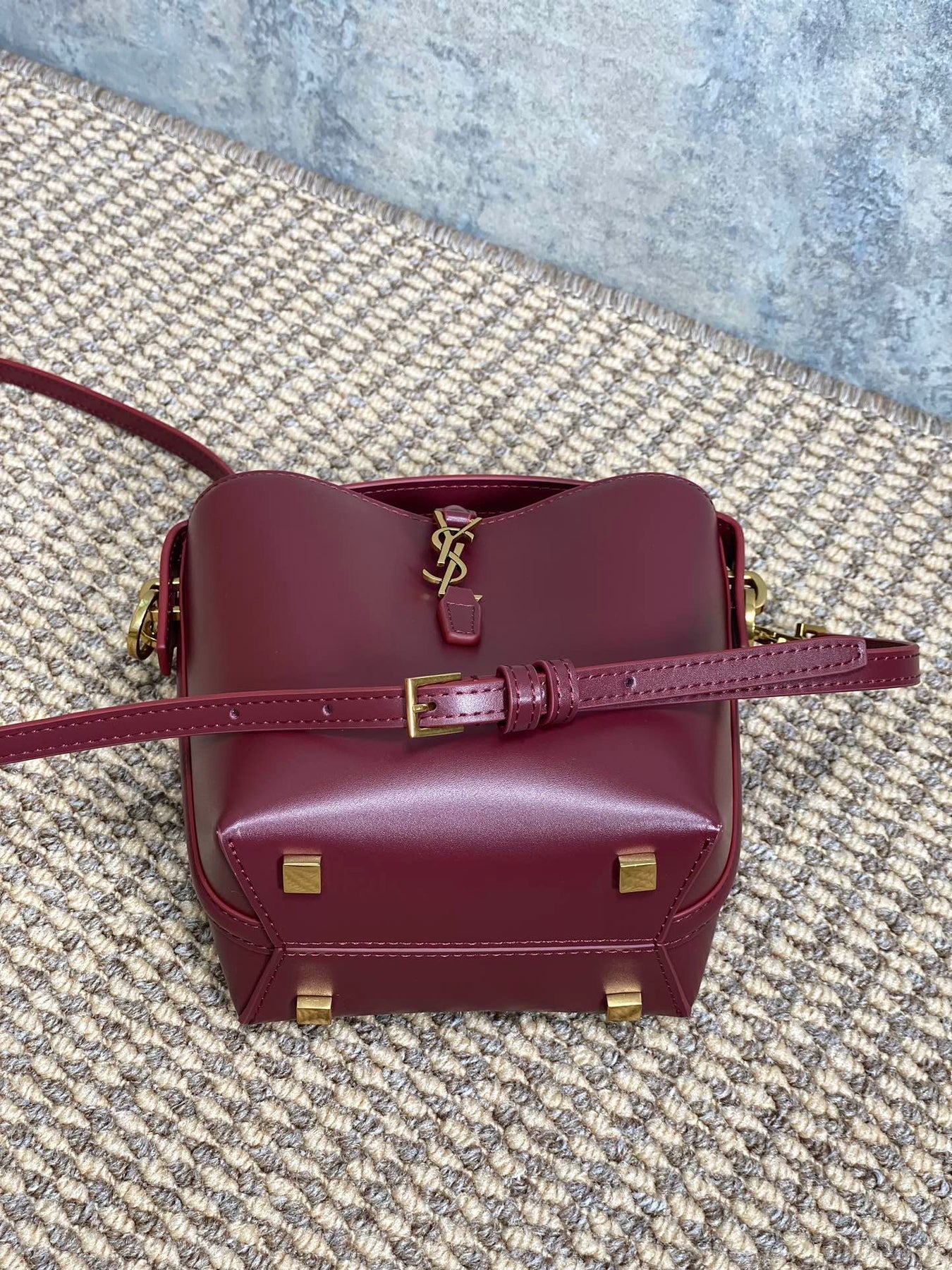LE 37 MINI BUCKET BAG 15 IN BURGUNDY RED CALFSKIN GOLD HARDWARE