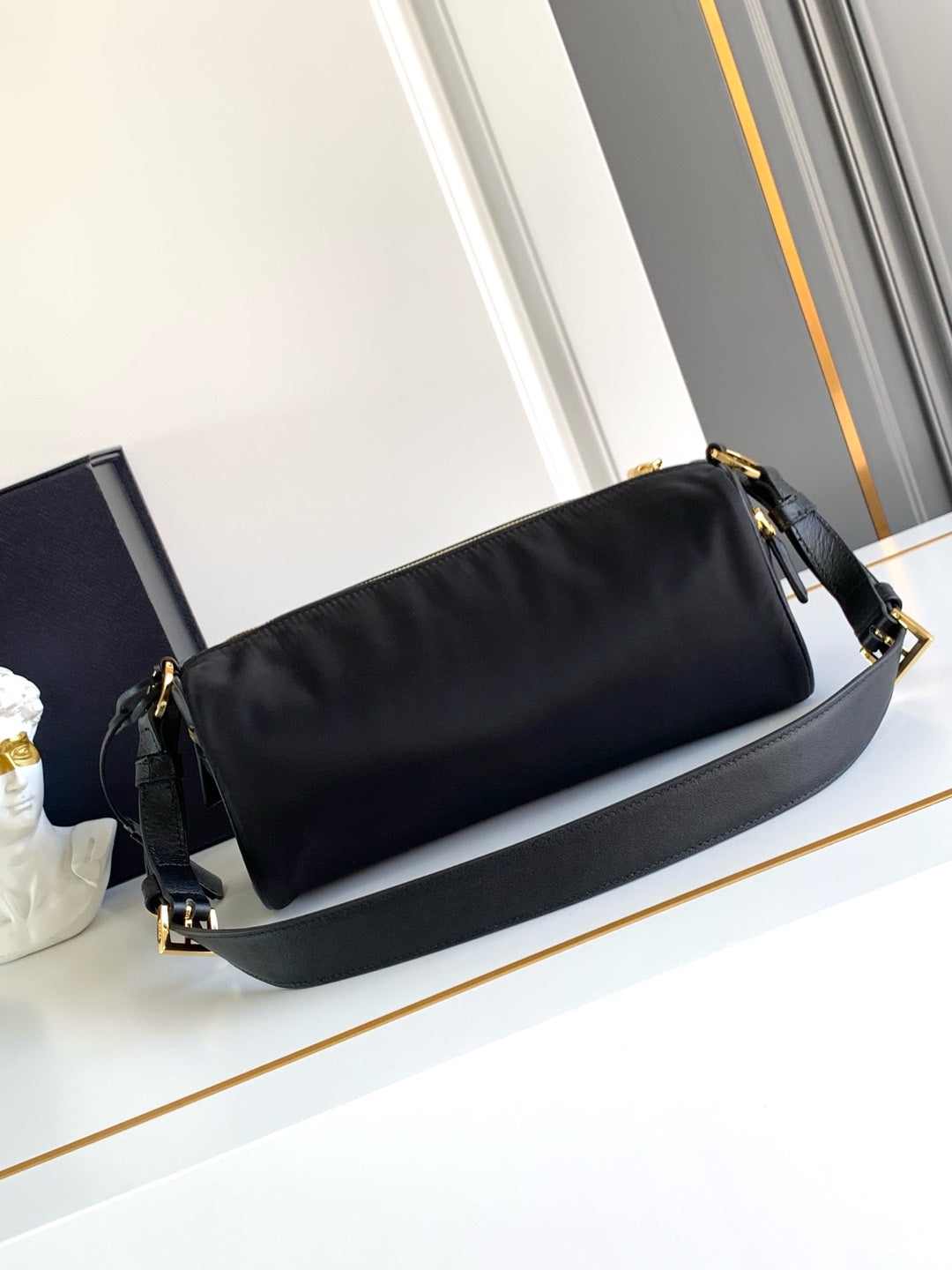 MINI POUCH 27 IN BLACK RE-NYLON AND SAFFIANO LEATHER STRAP