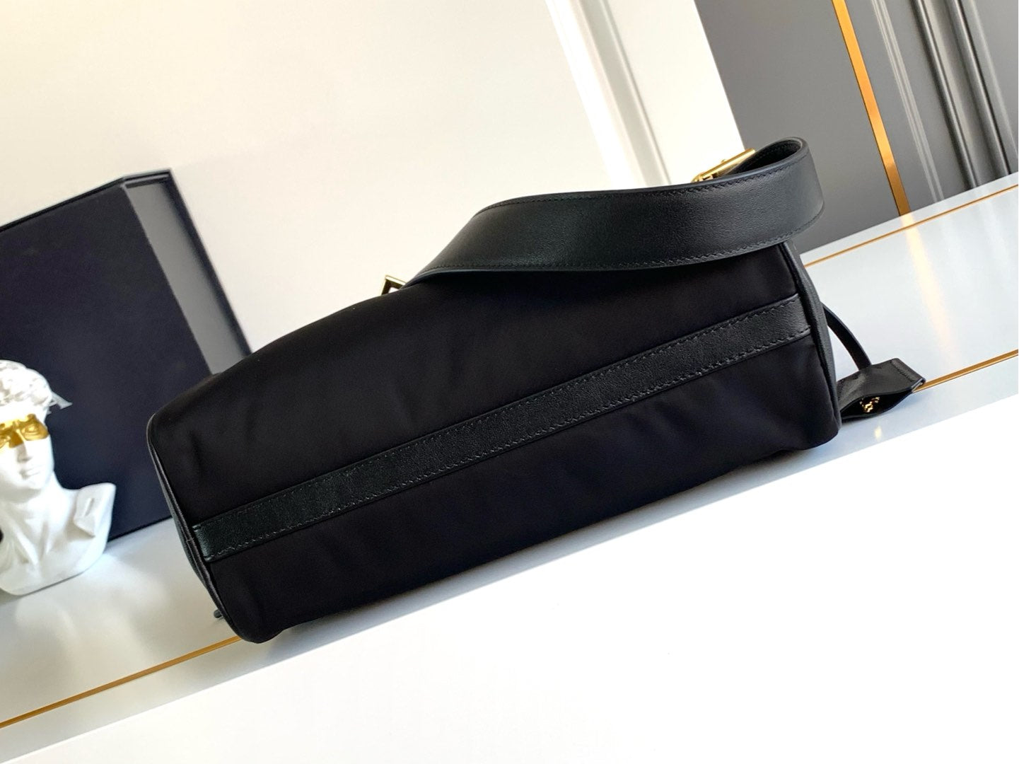 MINI POUCH 27 IN BLACK RE-NYLON AND SAFFIANO LEATHER STRAP