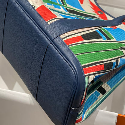 GARDEN PARTY 36 IN MULTICOLOR TOILE H CANVAS BLUE NAVY CALFSKIN TROPICAL ABSTRACT LANDSCAPE PRINT