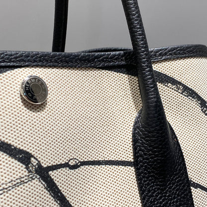 GARDEN PARTY 36 IN BEIGE AND BLACK TOILE H CANVAS BLACK CALFSKIN HORSE TACK SKETCH PRINT