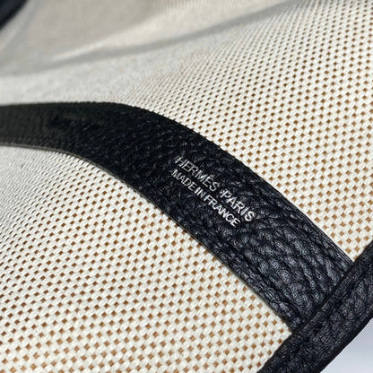 GARDEN PARTY 36 IN BEIGE ORANGE AND BROWN TOILE H CANVAS BLACK CALFSKIN HORSE TOTEM PRINT