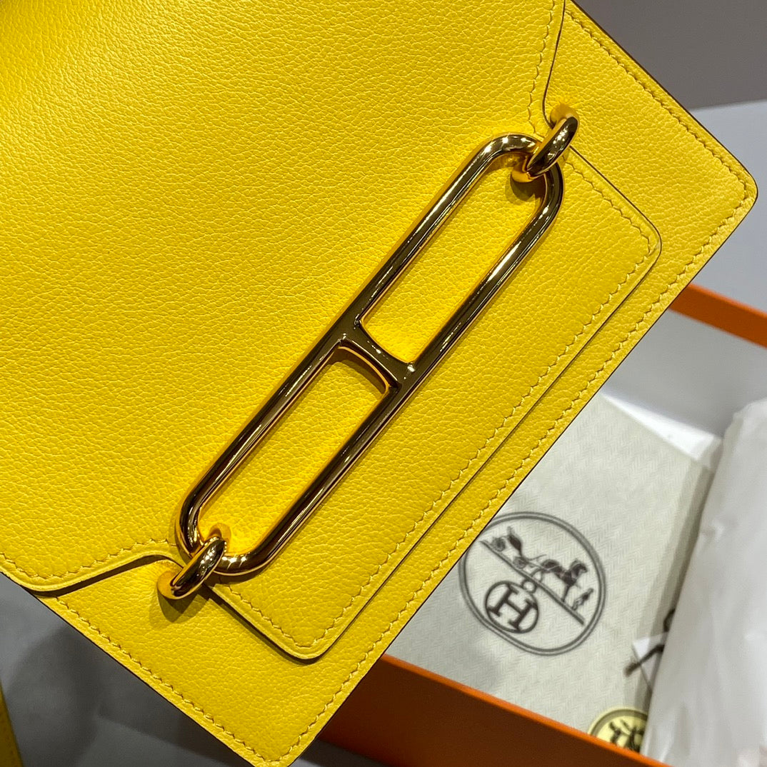 HM ROULIS 18 MINI BAG IN ANZAC YELLOW CALFSKIN GOLD-TONE HARDWARE