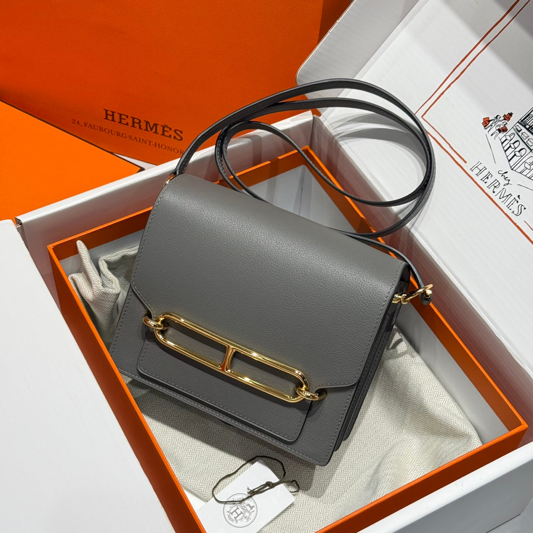 HM ROULIS 18 MINI BAG IN DARK GREY CALFSKIN GOLD-TONE HARDWARE