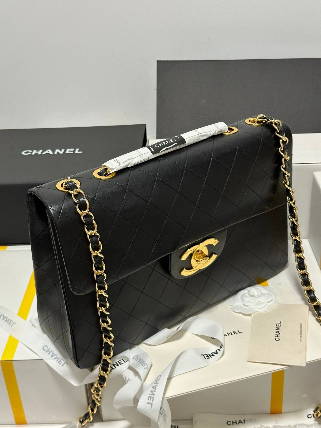 CC MAXI FLAP BAG 34 IN BLACK CALFSKIN
