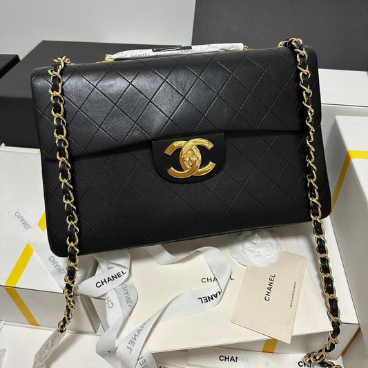 CC MAXI FLAP BAG 34 IN BLACK CALFSKIN