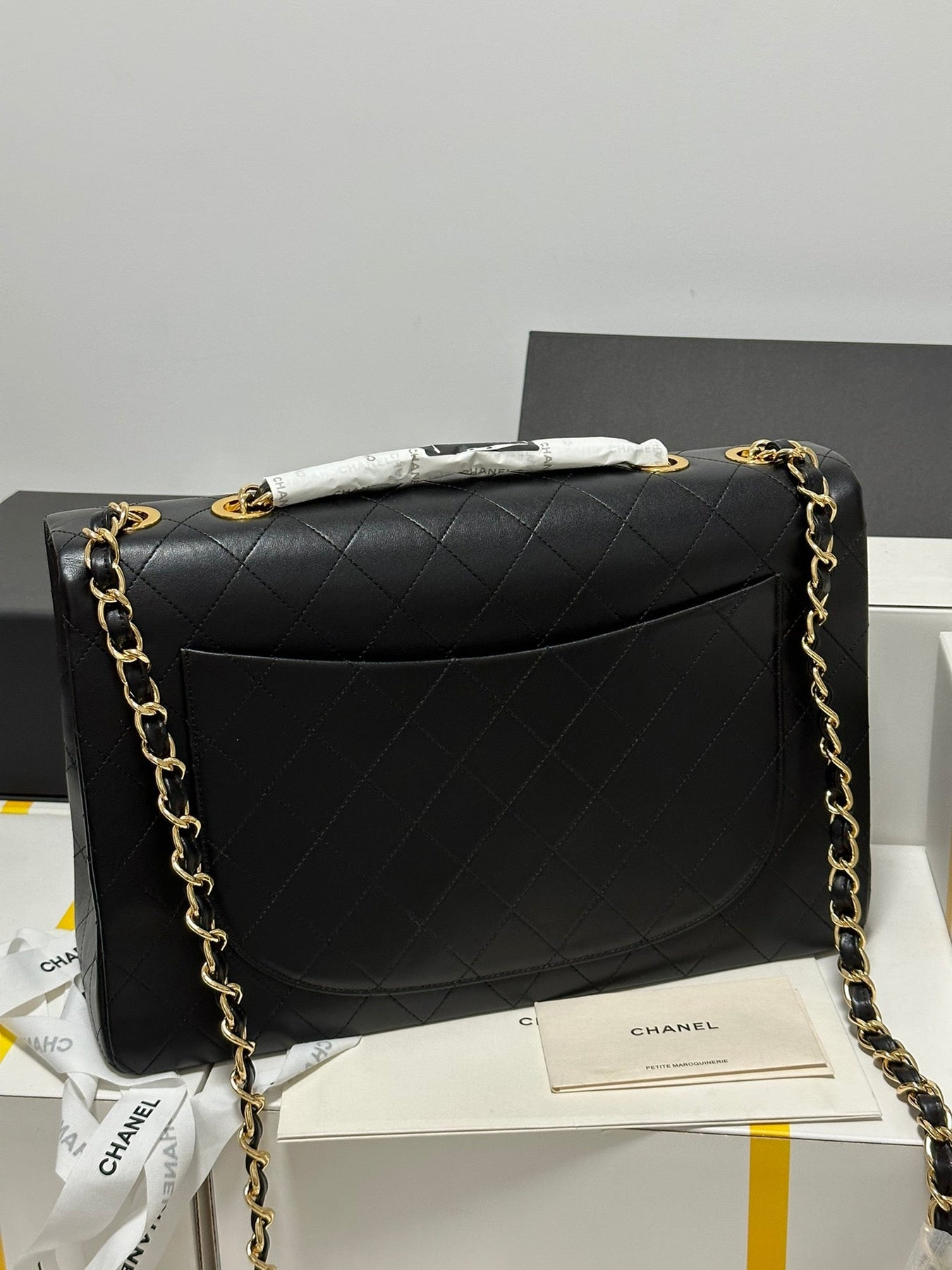 CC MAXI FLAP BAG 34 IN BLACK CALFSKIN
