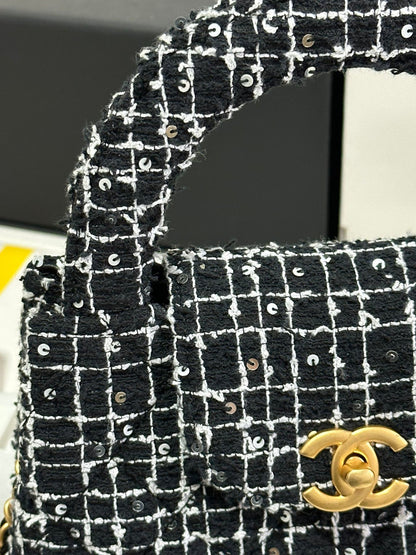 KELLY SHOPPING BAG 19 IN BLACK MIX WHITE TWEED GOLD HARDWARE