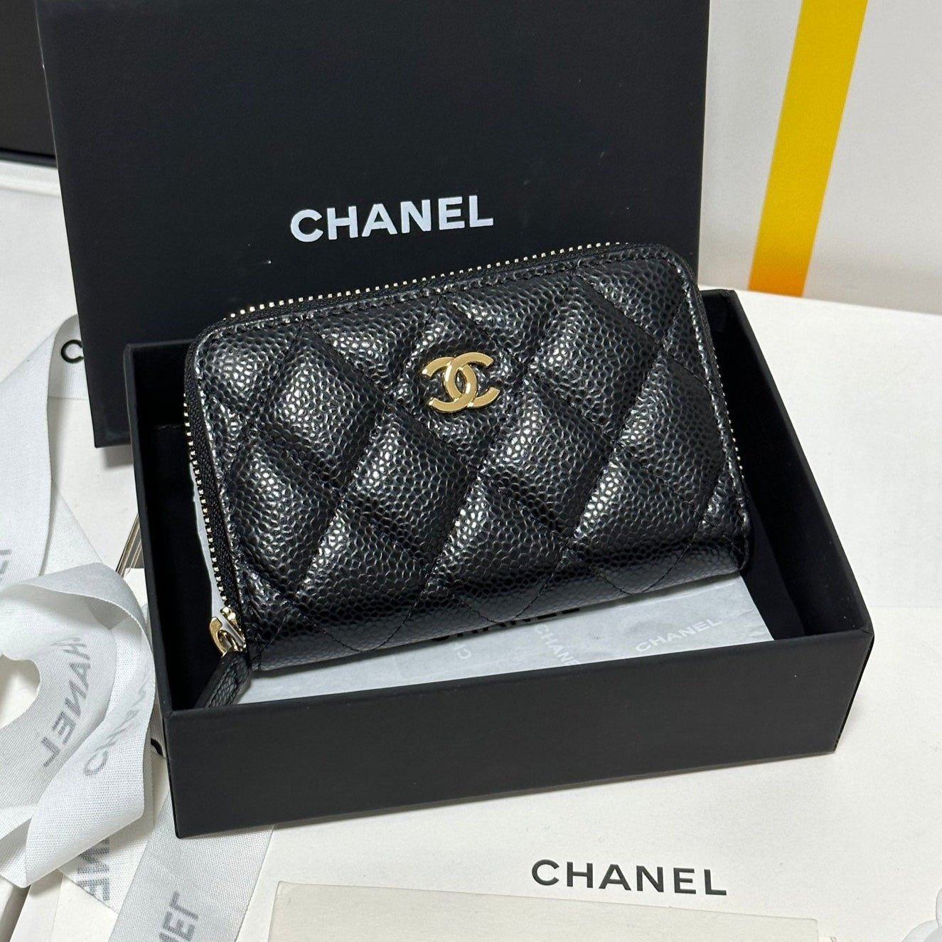 MINI WALLET 11 IN BLACK CAVIAR SKIN GOLD METALLIC