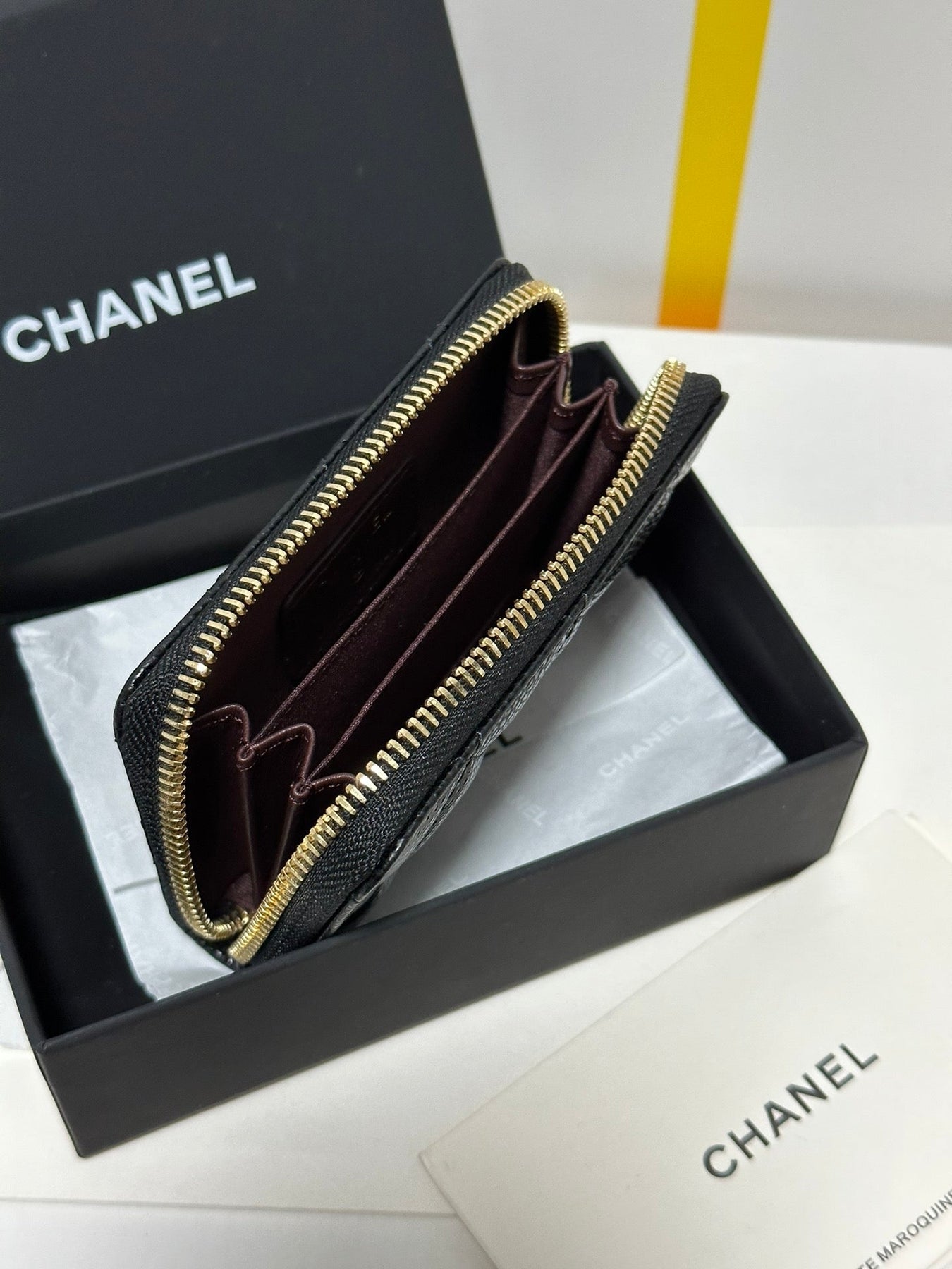 MINI WALLET 11 IN BLACK CAVIAR SKIN GOLD METALLIC