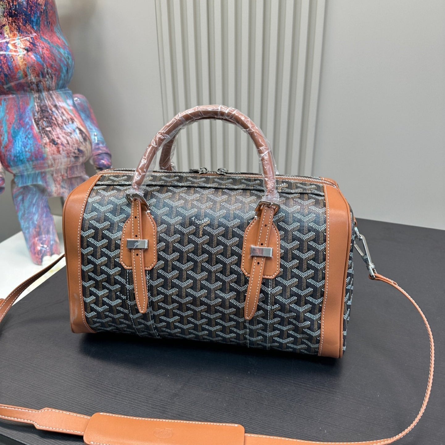 SAC HARDY PM BAG 35 IN BLACK GOYARDINE CANVAS AND TAN CALFSKIN