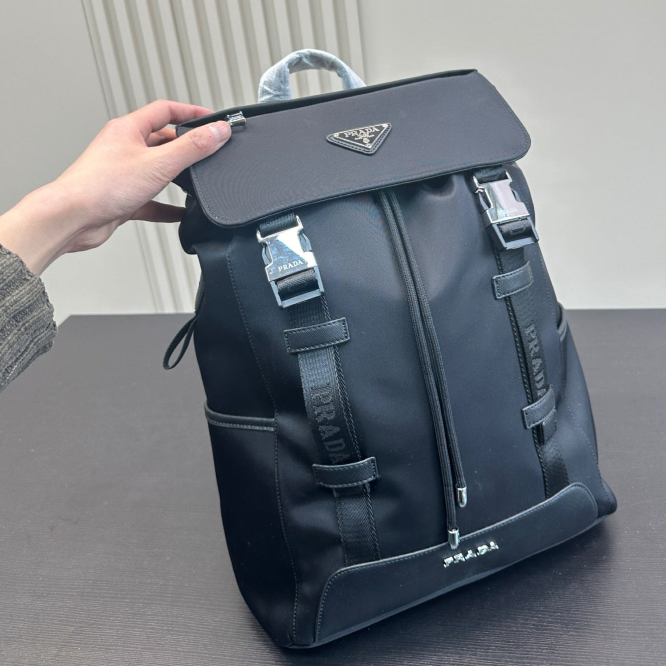 DOUBLE BUCKLE BACKPACK 40 IN BLACK RE-NYLON MIX CALFSKIN